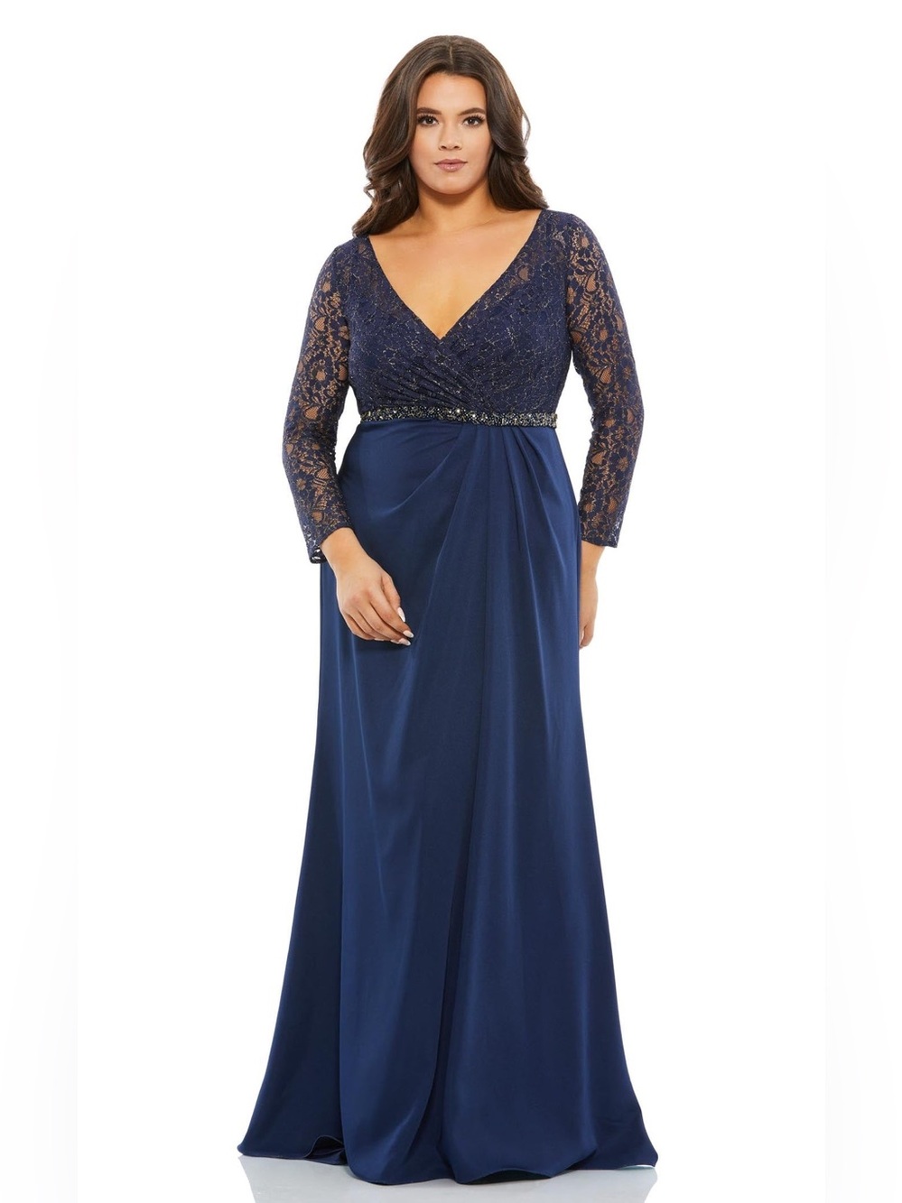 NWT Mac Duggal Midnight Navy Long Sleeve Beaded Evening Gown 18W $498
